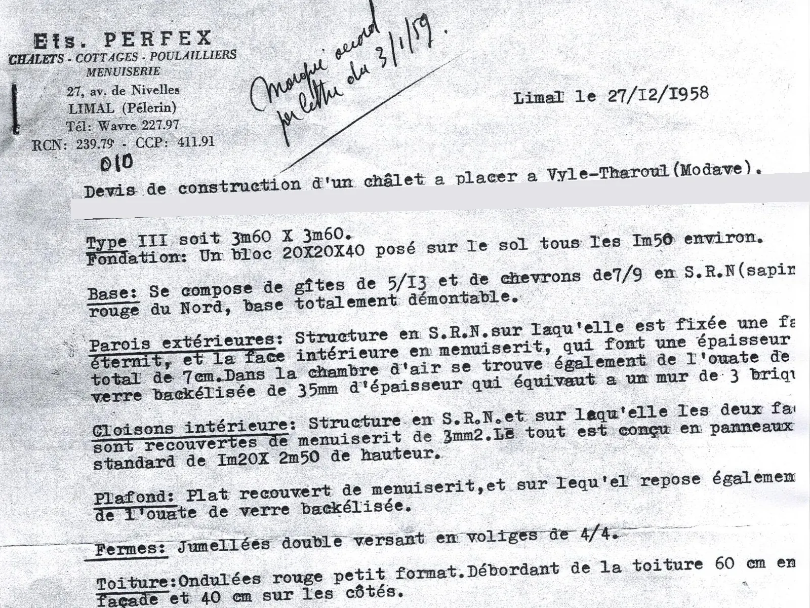 Devis dactylographié des Ets Perfex pour un chalet à Vyle-Tharoul, daté du 27 décembre 1958