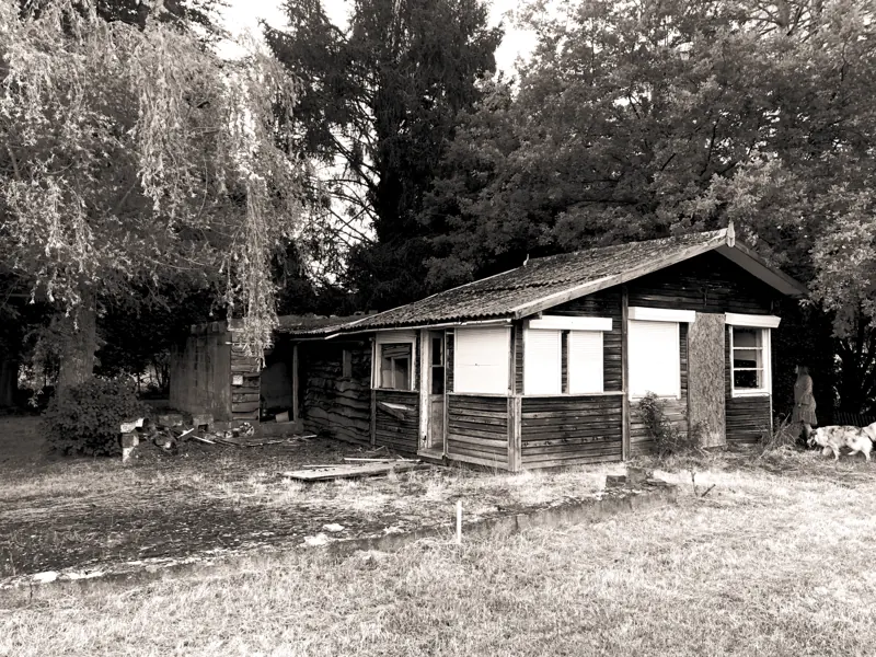 Le chalet d'origine sous les arbres